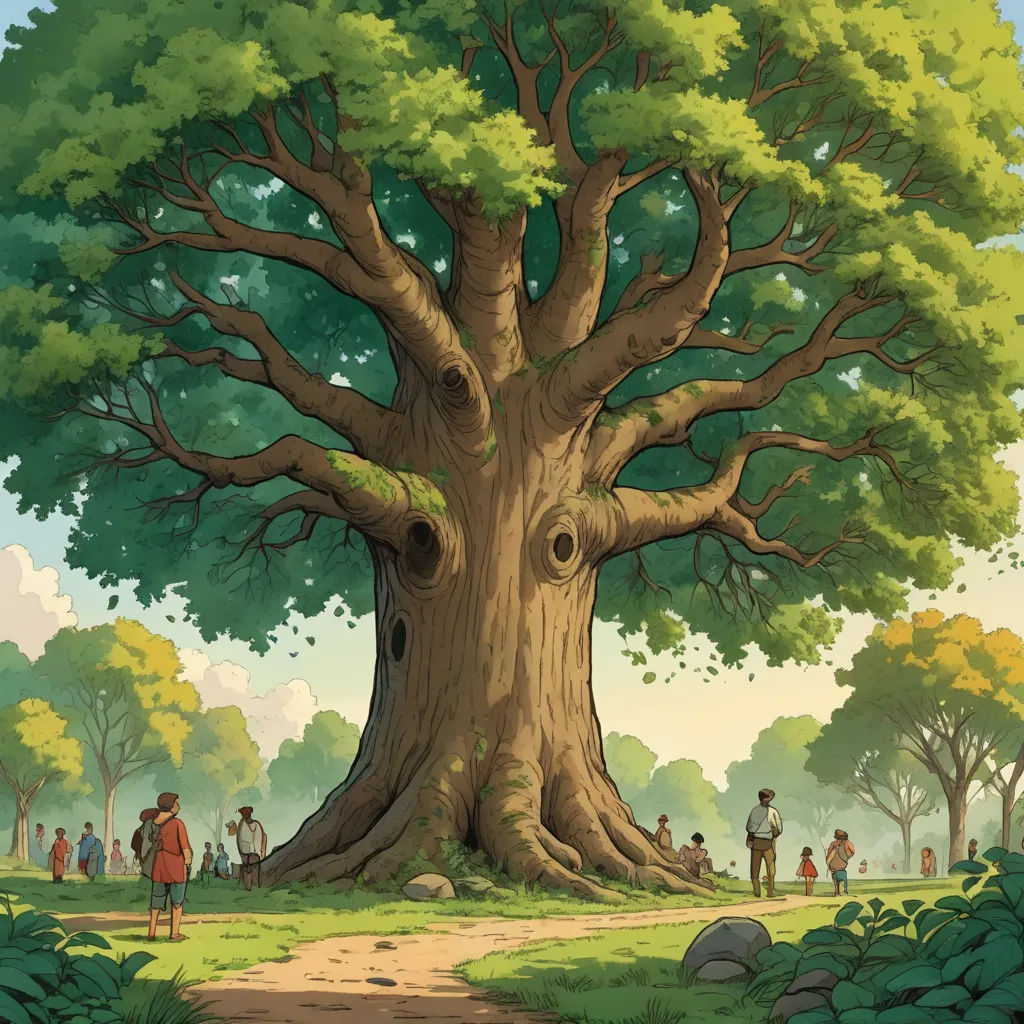 a large tree with a group of people standing around it in a park with a dirt path leading to it, environmental art, a storybook illustration, Chris LaBrooy, ghibli