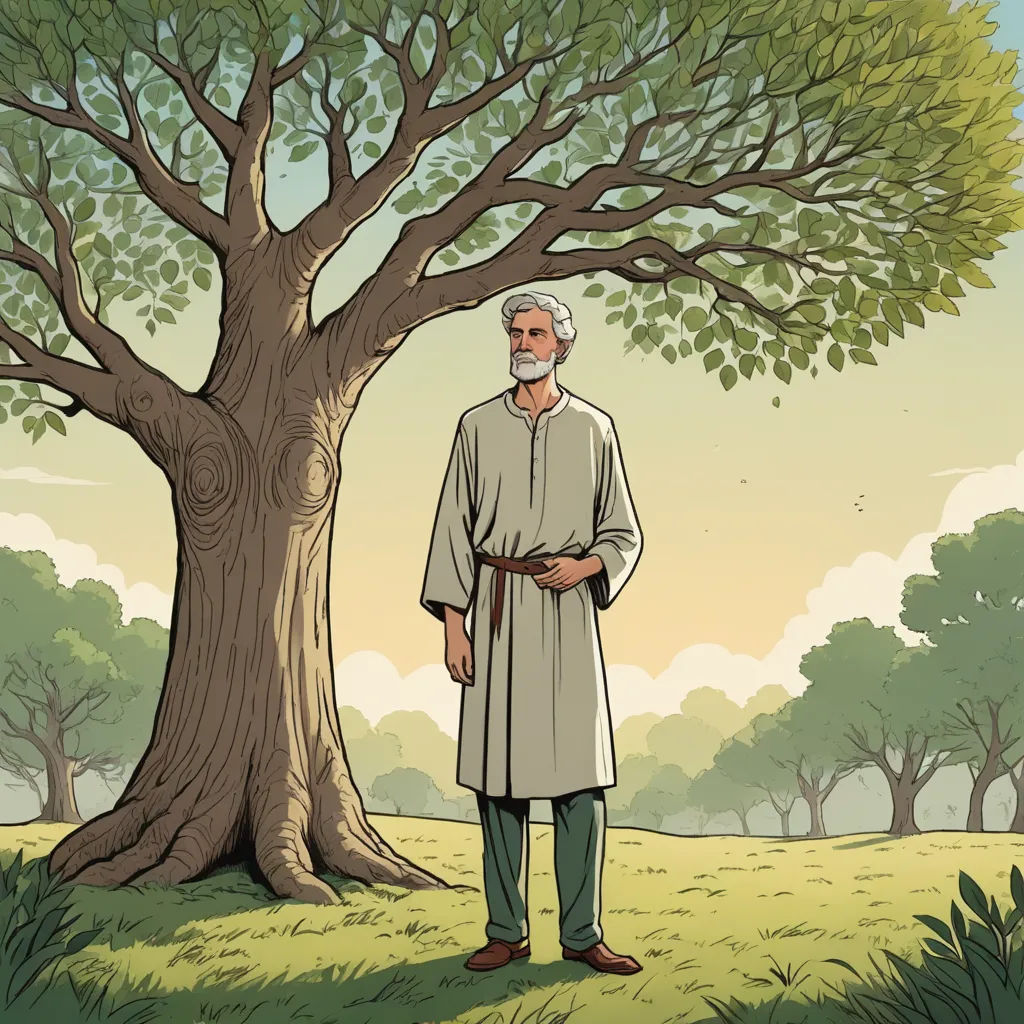 a man standing in front of a tree with a white beard and a white beard, in a field, private press, a storybook illustration, Asaf Hanuka, graphic novel