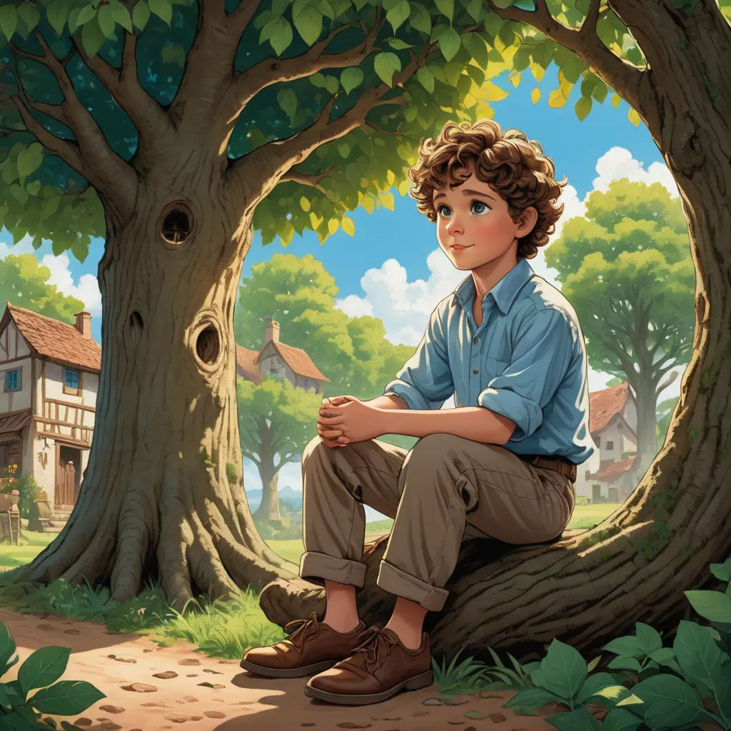 a boy sitting on a tree in a forest with a house in the background and a bird in the tree, american scene painting, a storybook illustration, Brothers Hildebrandt, storybook illustration
