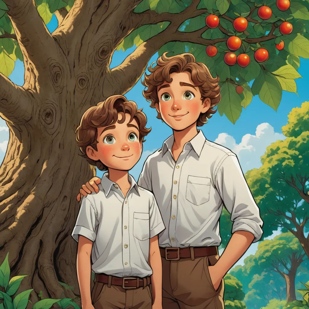a boy and a boy standing in front of a tree with apples on it, in a cartoon style, magical realism, a storybook illustration, Brothers Hildebrandt, official art