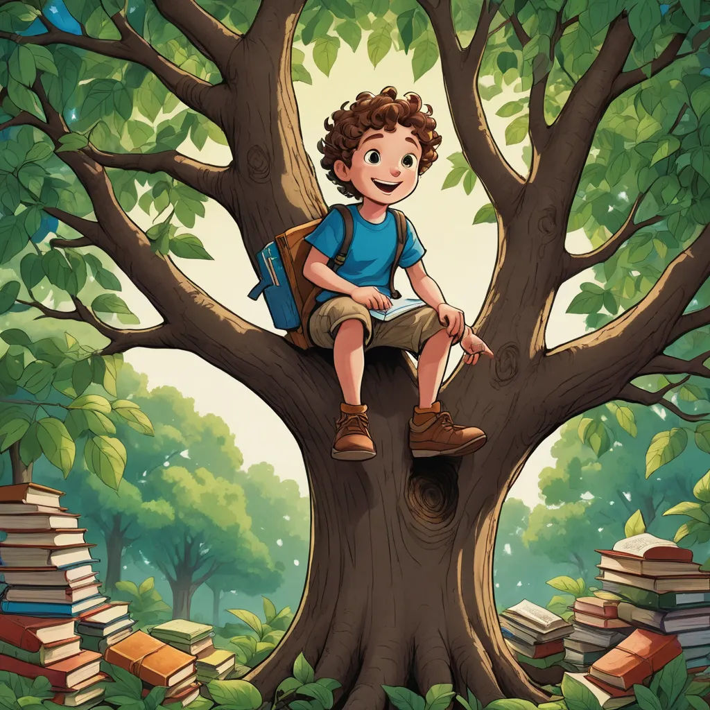 a boy sitting on a tree with books in the background illustration by alex krapfke for the children's book club, private press, a storybook illustration, Diego Gisbert Llorens, storybook illustration