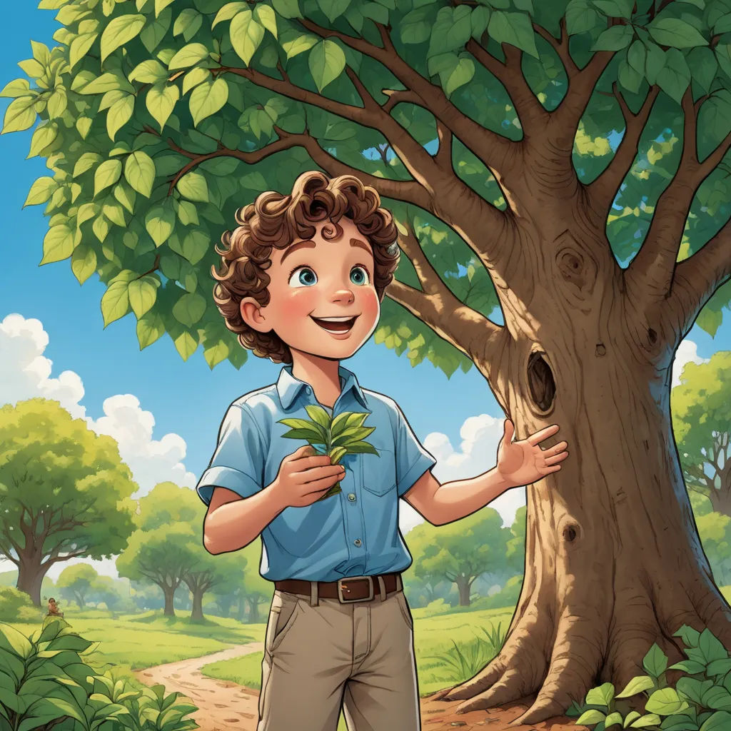 a boy standing in front of a tree with leaves on it and smiling at the camera, with a green field in the background, environmental art, a storybook illustration, Aaron Jasinski, storybook illustration