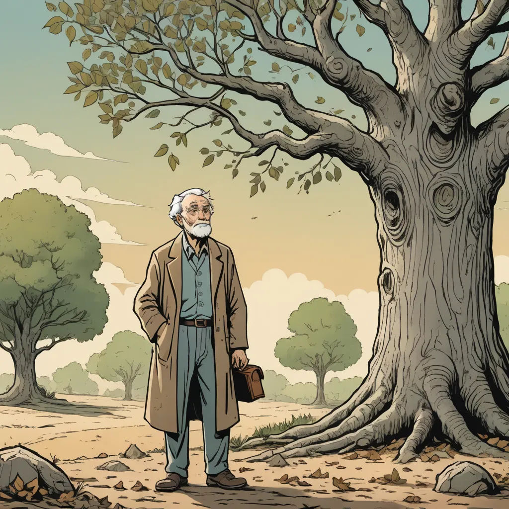 a man standing in front of a tree with a bag in his hand and a suitcase in his hand, naturalism, a storybook illustration, David Brewster, graphic novel