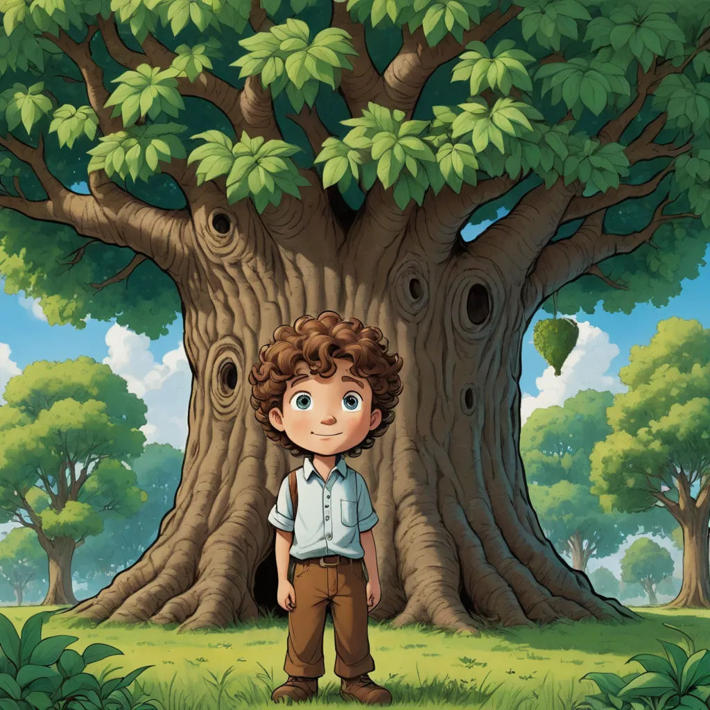 a boy standing in front of a big tree in a forest with lots of green leaves on it's branches, naturalism, a storybook illustration, Aaron Jasinski, storybook illustration