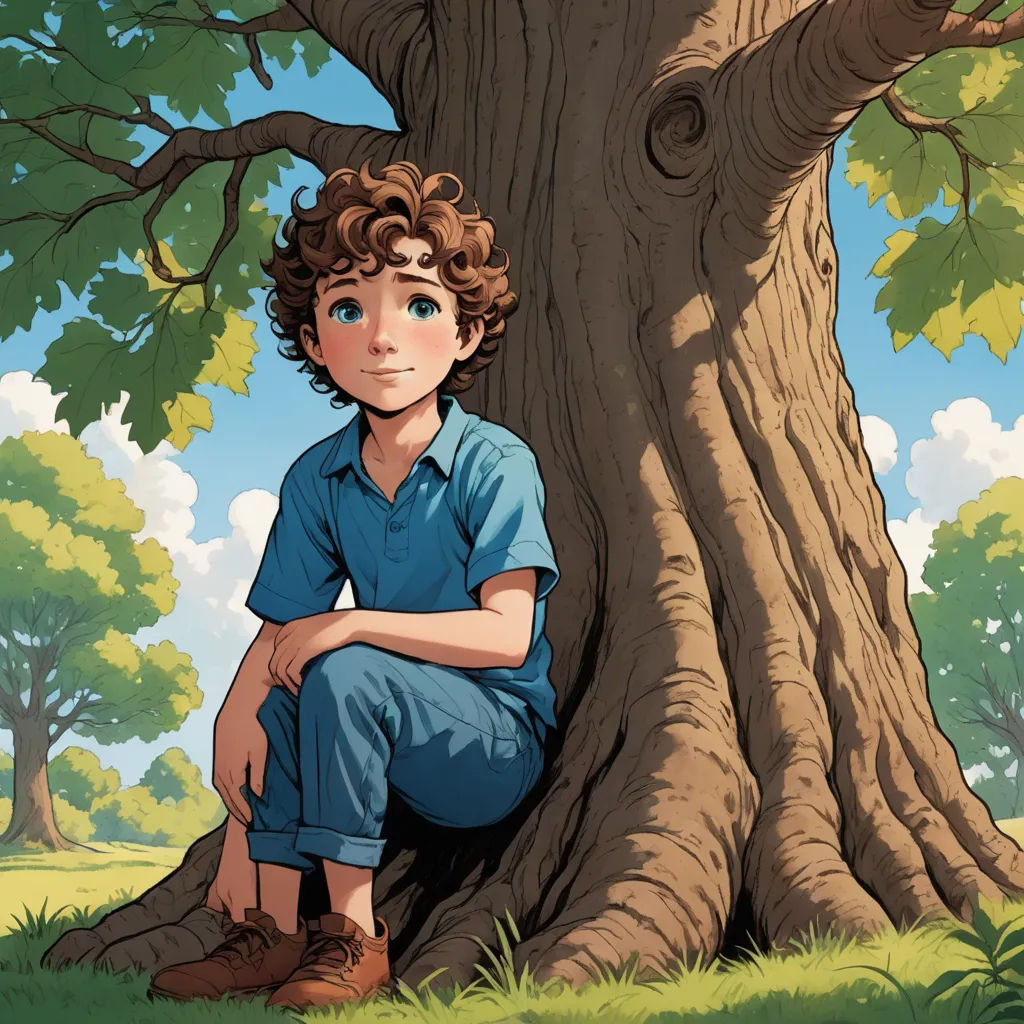 a boy sitting in the shade of a tree in a park with a blue shirt and brown shoes on, magical realism, a storybook illustration, Aaron Jasinski, official art