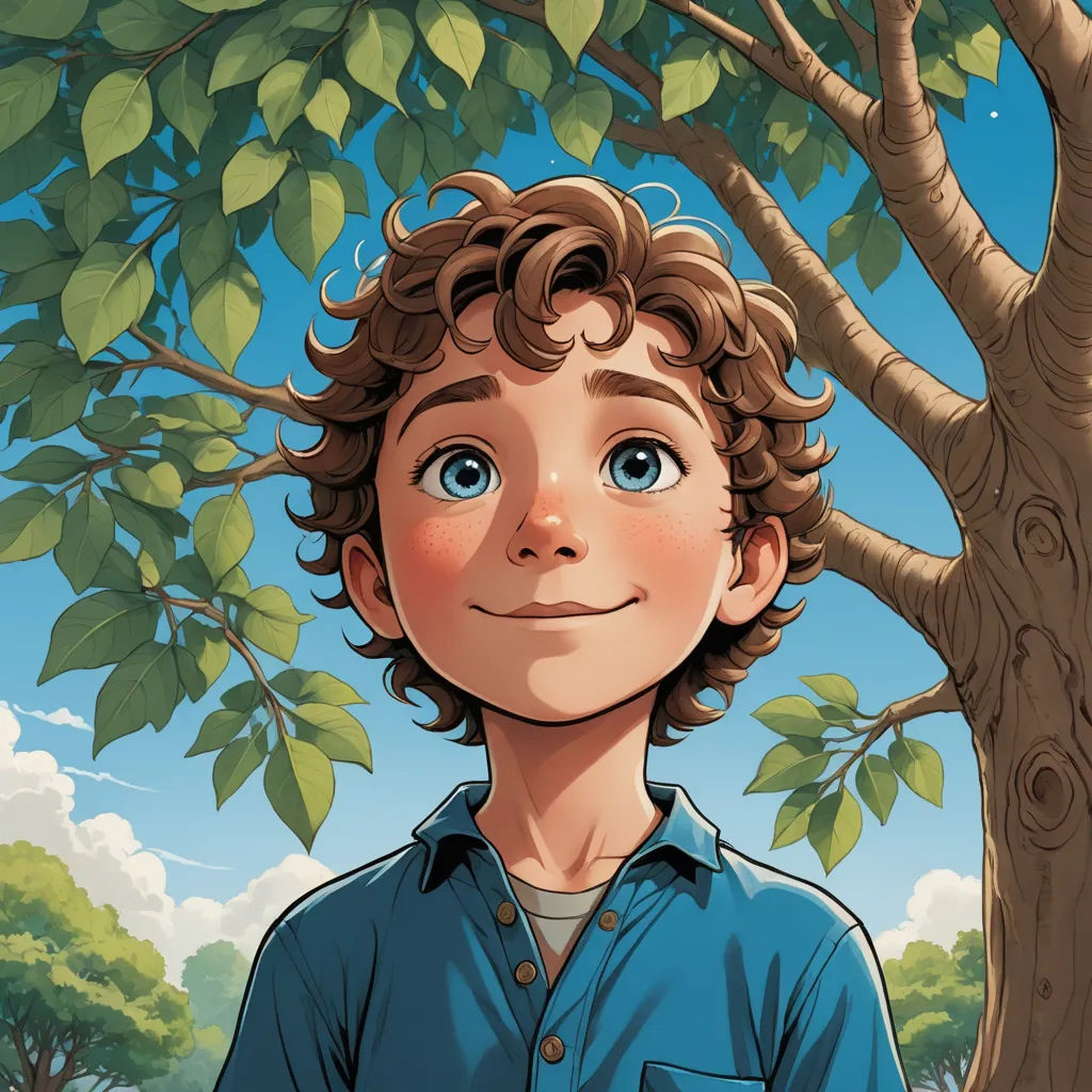 a boy standing in front of a tree with a blue shirt on and a green shirt on his chest, process art, a character portrait, Aaron Jasinski, comic cover art