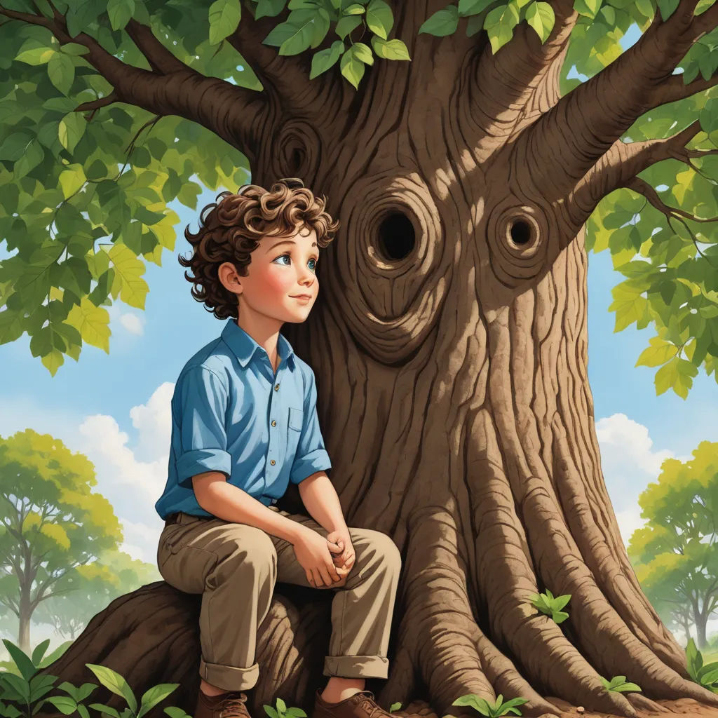a boy sitting on a tree with a hole in the trunk of it's trunk and a bird in the background, magical realism, a storybook illustration, Aaron Jasinski, storybook illustration
