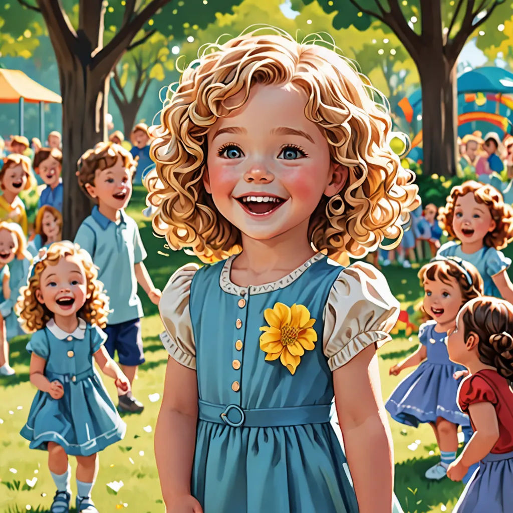 a painting of a little girl in a blue dress with a sunflower in her hair and other children in the background, american scene painting, a storybook illustration, Bob Byerley, highly detailed digital painting
