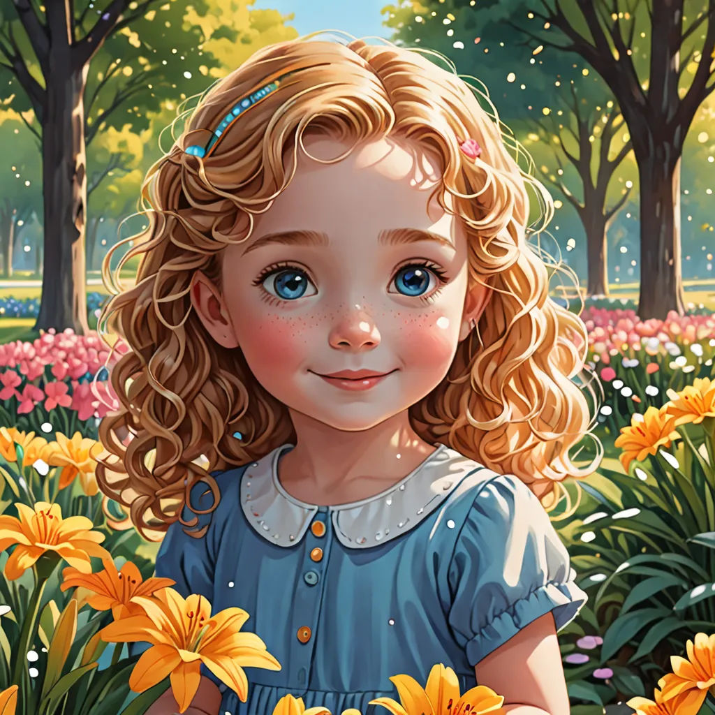 a painting of a little girl in a field of flowers with trees in the background and a blue sky, fantasy art, a detailed painting, Alice Prin, highly detailed digital painting