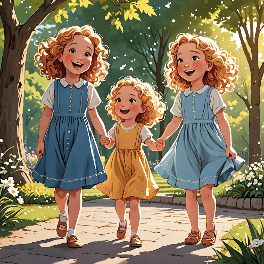 three little girls walking down a path in the park together, holding hands and smiling at the camera,, lyco art, a storybook illustration, Anne Said, official art