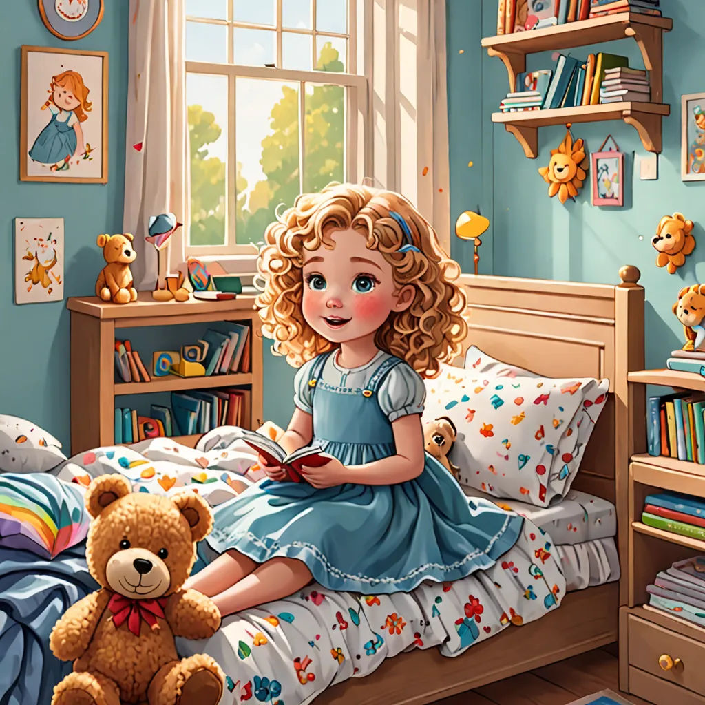 a little girl sitting on a bed with a teddy bear in her lap and a book in her hand, fantasy art, a storybook illustration, Chris LaBrooy, storybook illustration