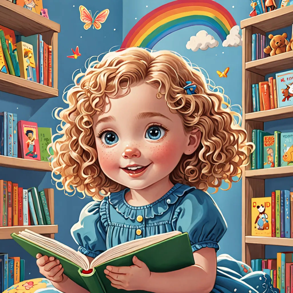 a little girl reading a book in a room full of bookshelves and a rainbow in the sky, fantasy art, a storybook illustration, Chris LaBrooy, storybook illustration