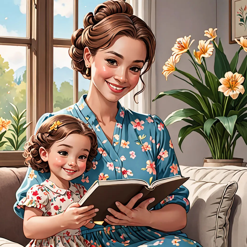 a woman and a child are sitting on a couch reading a book together, with flowers in the background, american scene painting, a storybook illustration, Anne Said, storybook illustration