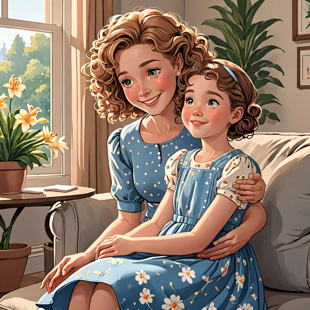 a painting of a mother and daughter sitting on a couch together, with a potted plant in the background, american scene painting, a storybook illustration, Dorothy Coke, storybook illustration