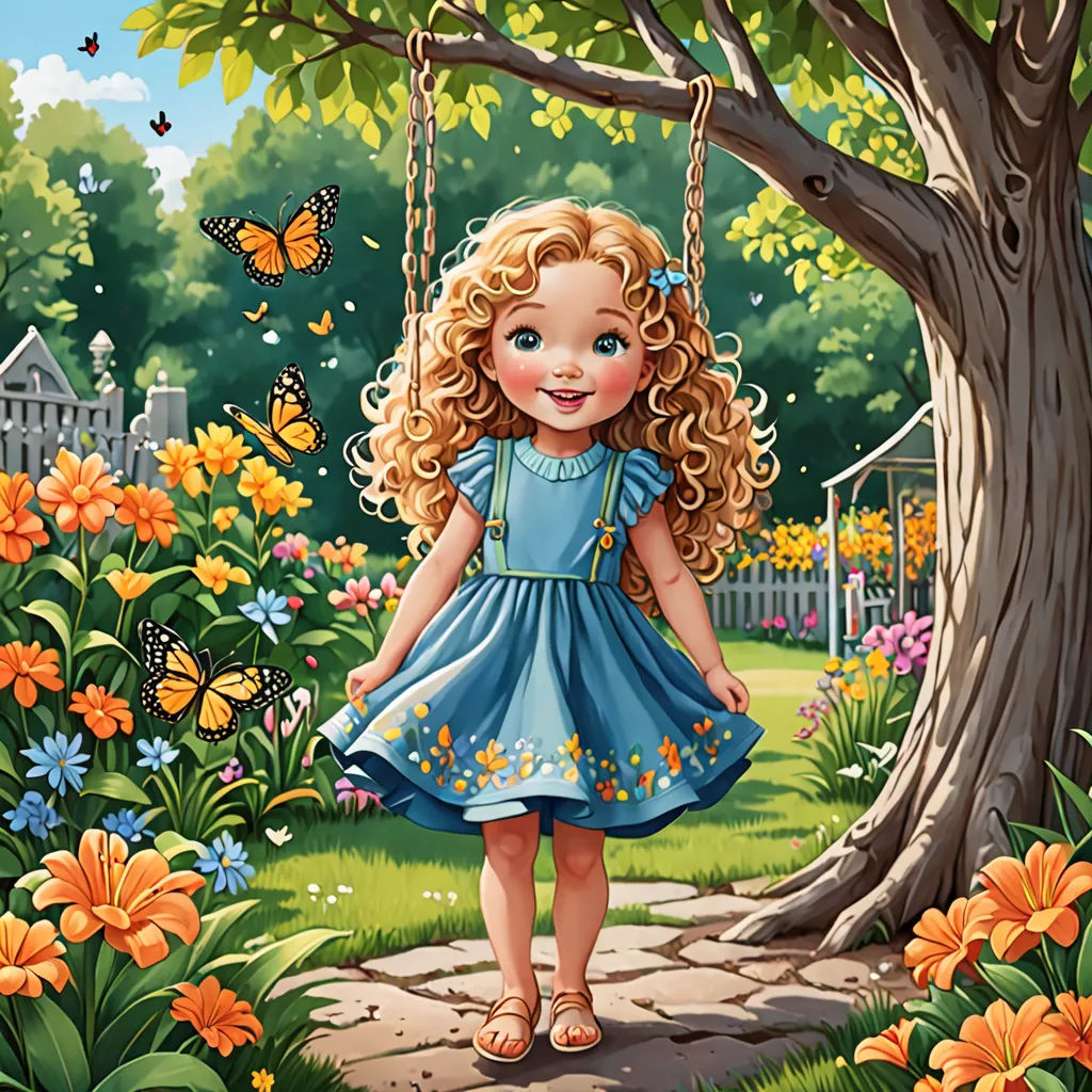 a painting of a little girl on a swing in a garden with flowers and butterflies around her, with a tree and a butterfly in the background, pop surrealism, a storybook illustration, Anne Stokes, storybook illustration