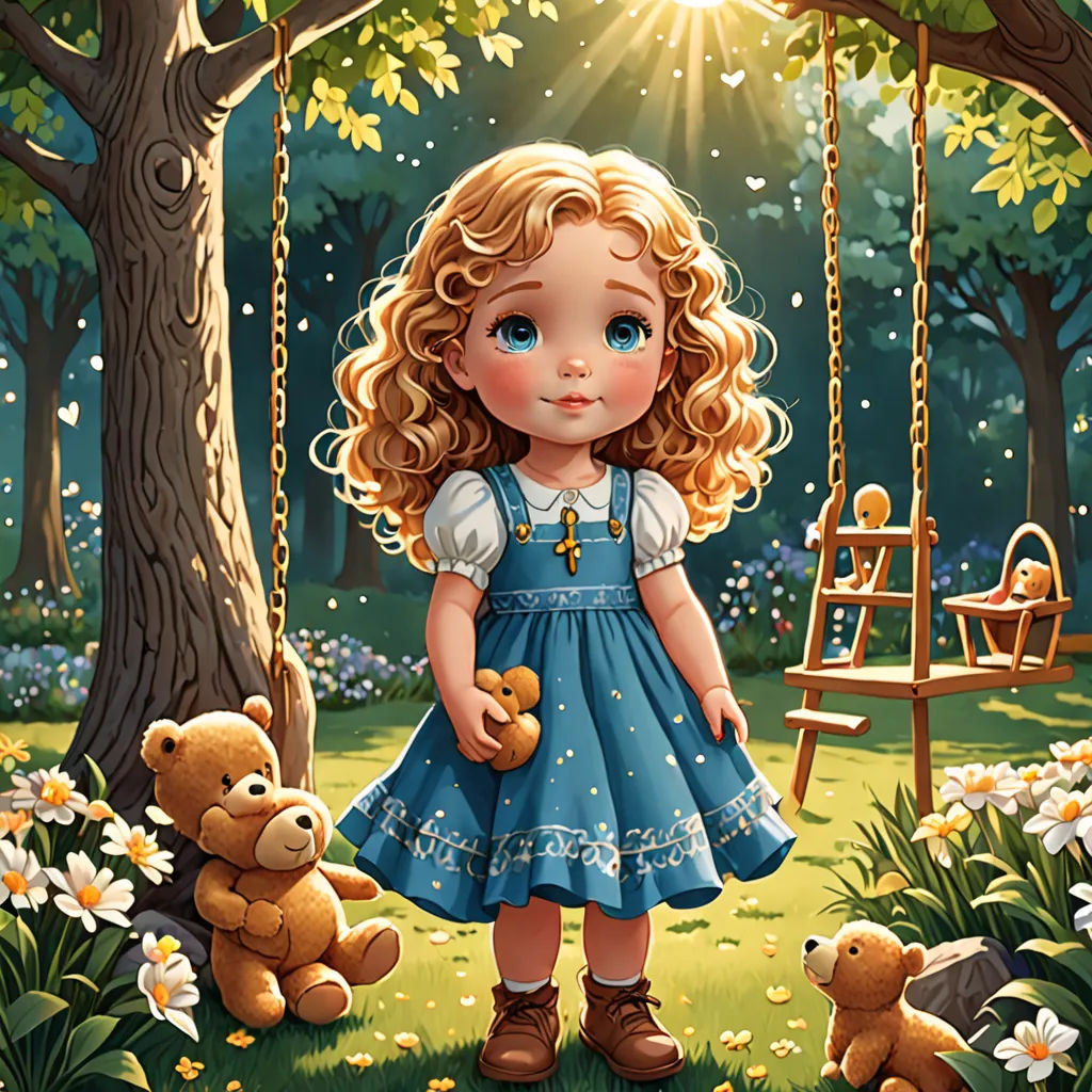 a painting of a little girl holding a teddy bear in a park with a swing and a teddy bear, gothic art, a storybook illustration, Alice Prin, storybook illustration