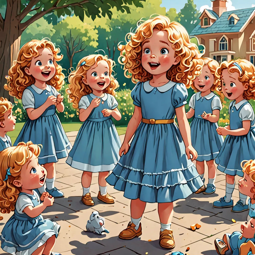 a group of little girls standing around each other in front of a tree and a house with a dog, kitsch movement, a storybook illustration, Alice Prin, storybook illustration