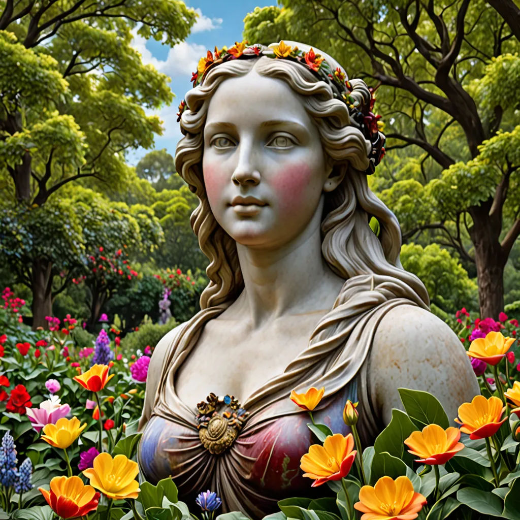 a statue of a woman surrounded by flowers and trees in a park setting with a sky background and a blue sky, neoclassicism, a statue, Evelyn De Morgan, highly detailed digital art