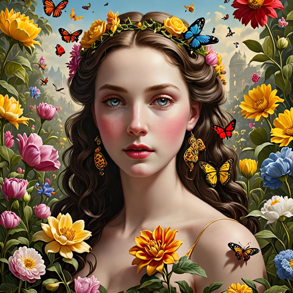 a painting of a woman surrounded by flowers and butterflies with a castle in the background and a blue sky, fantasy art, a detailed painting, Brad Kunkle, highly detailed digital painting