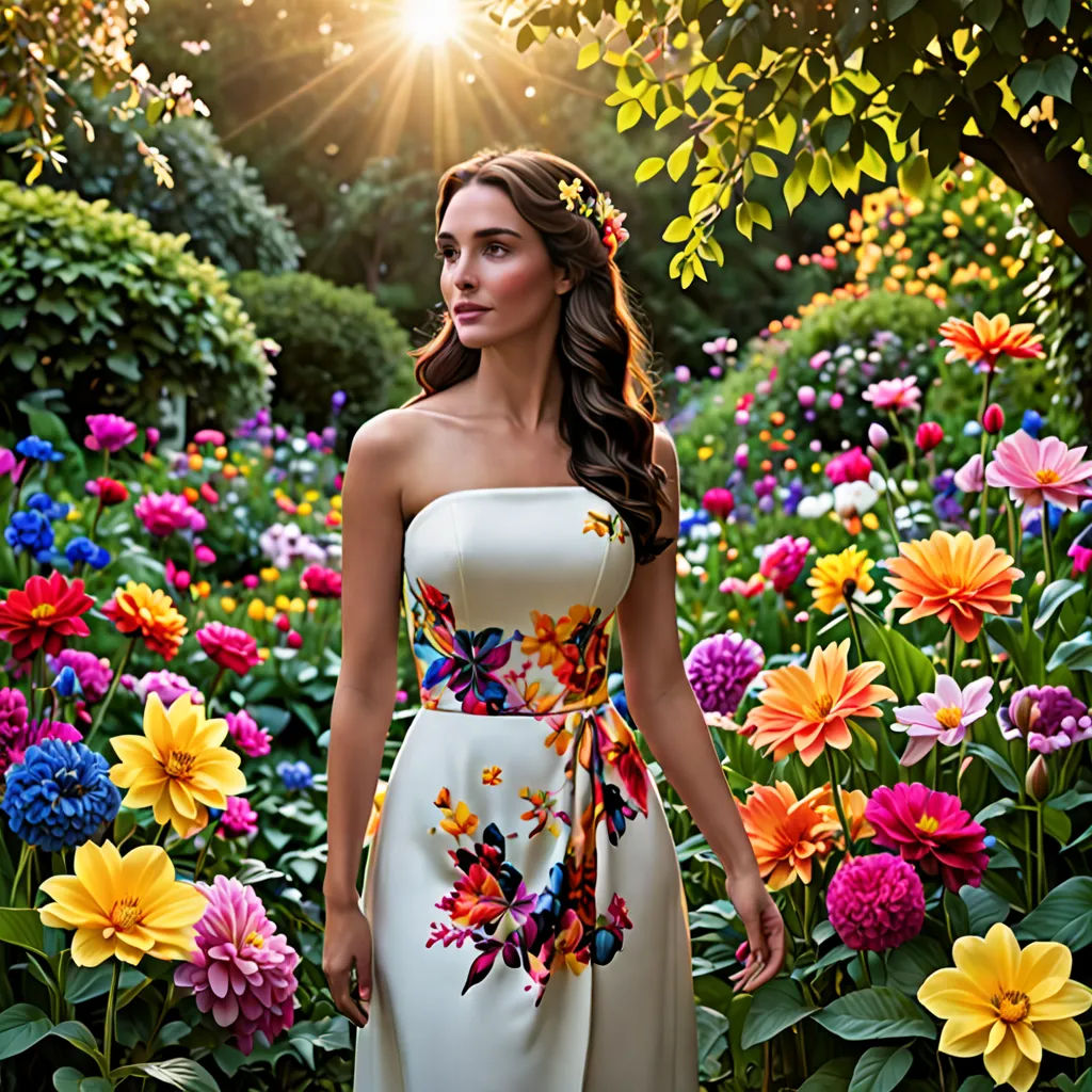 a woman in a white dress standing in a field of flowers with the sun shining behind her and a bunch of flowers in the foreground, art photography, a photorealistic painting, Beatrice Huntington, summer vibrancy