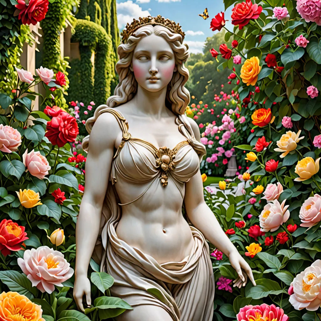 a statue of a woman surrounded by flowers and greenery in a garden of roses and roses in blooming around her, fantasy art, a statue, Anne Stokes, kinkade