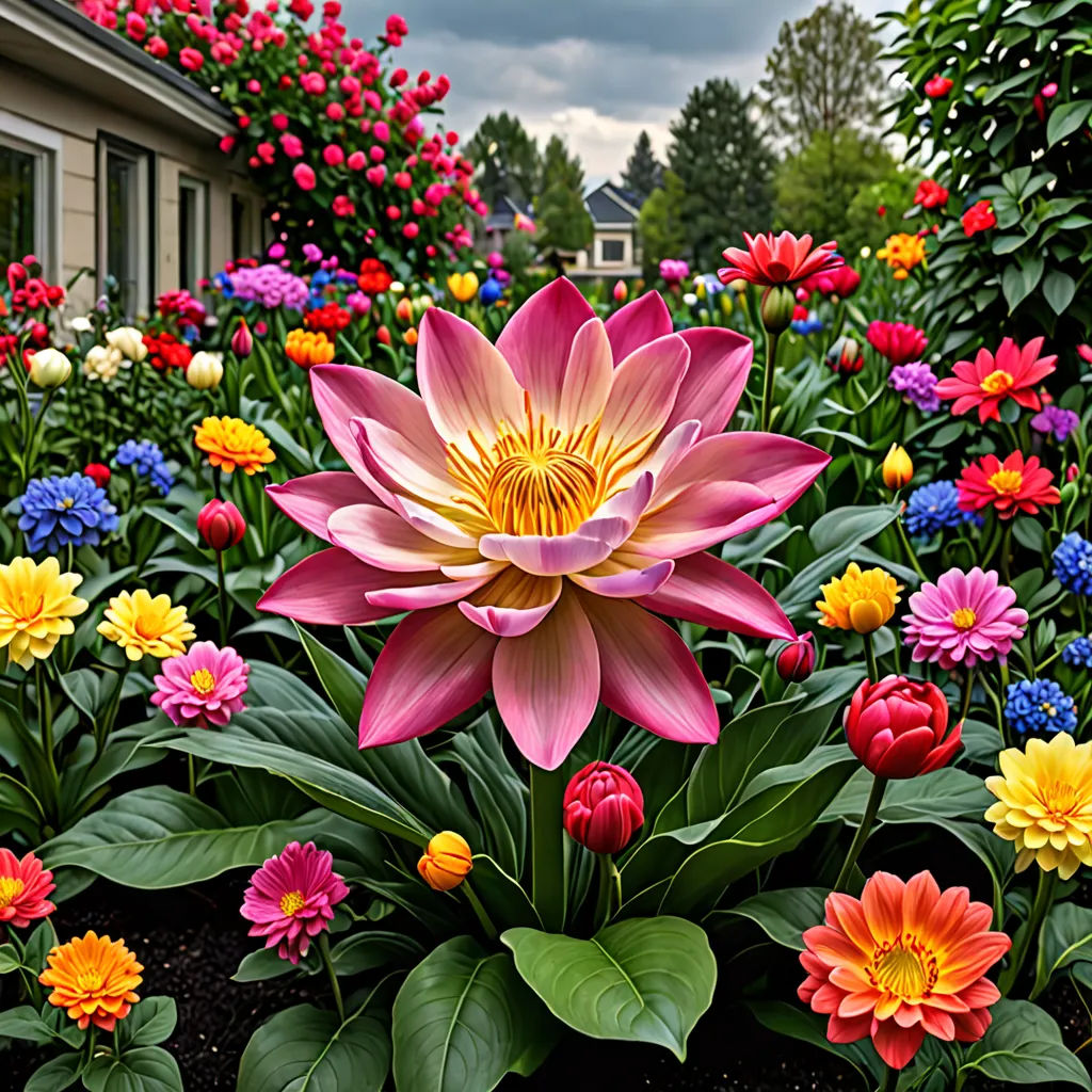 a large flower garden with a lot of flowers in it and a house in the background with a lot of flowers in the foreground, color field, a digital rendering, Dennis Ashbaugh, rich vivid colors