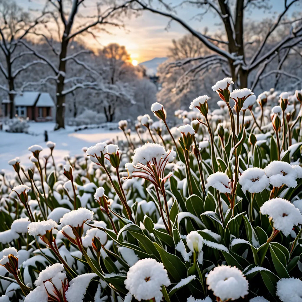 a field of snow covered plants in front of a house with a sunset in the background and a few trees, art photography, a jigsaw puzzle, Dennis Ashbaugh, winter