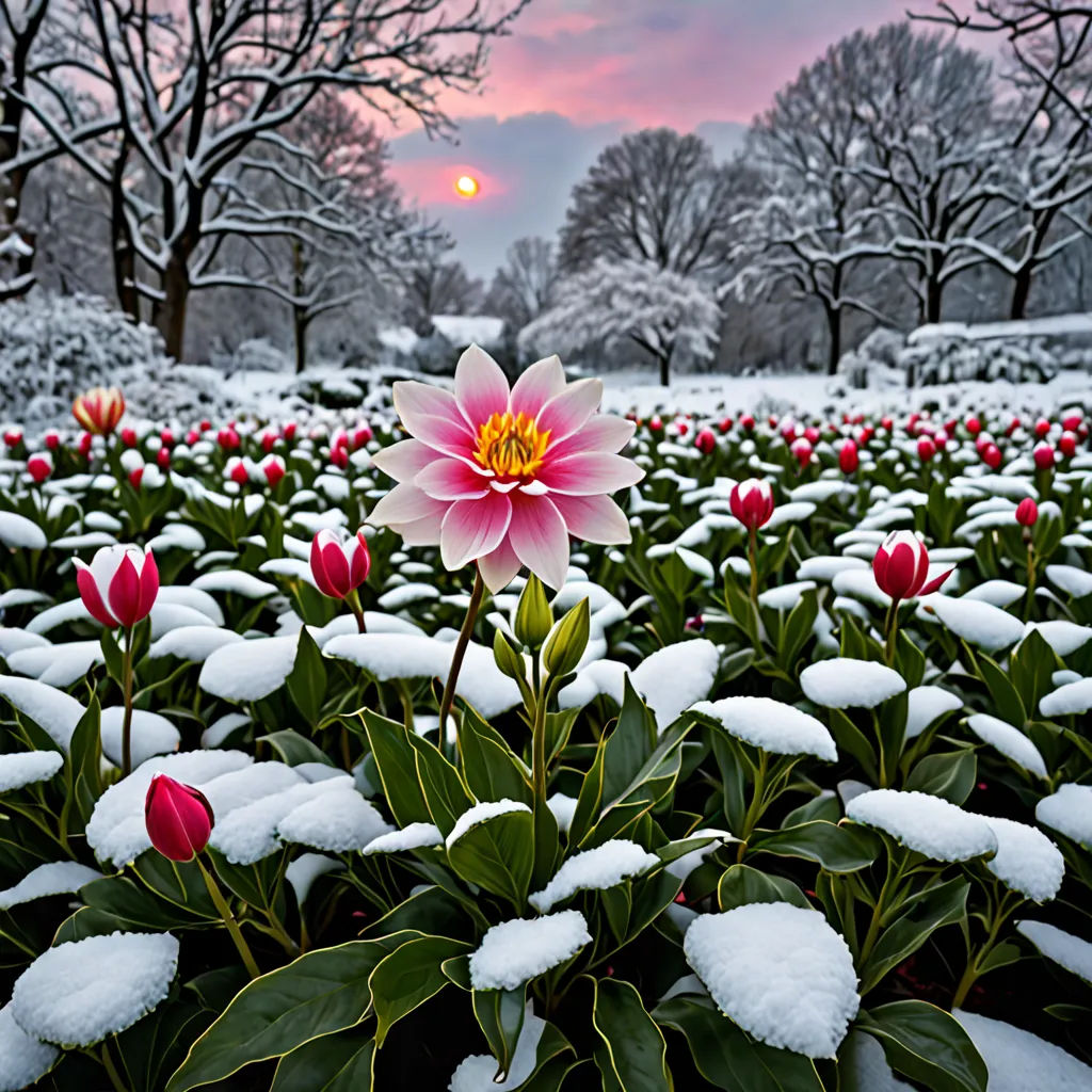 a field of flowers covered in snow with trees in the background and a pink sky in the background with a pink and yellow flower, art photography, a jigsaw puzzle, David Martin, award - winning photo