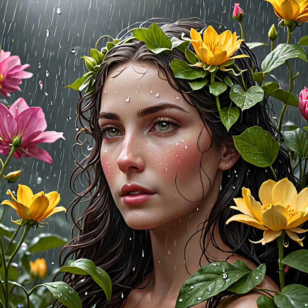a woman with flowers in her hair and rain falling down on her head and behind her is a bunch of flowers, fantasy art, a photorealistic painting, Artgerm, highly detailed digital painting