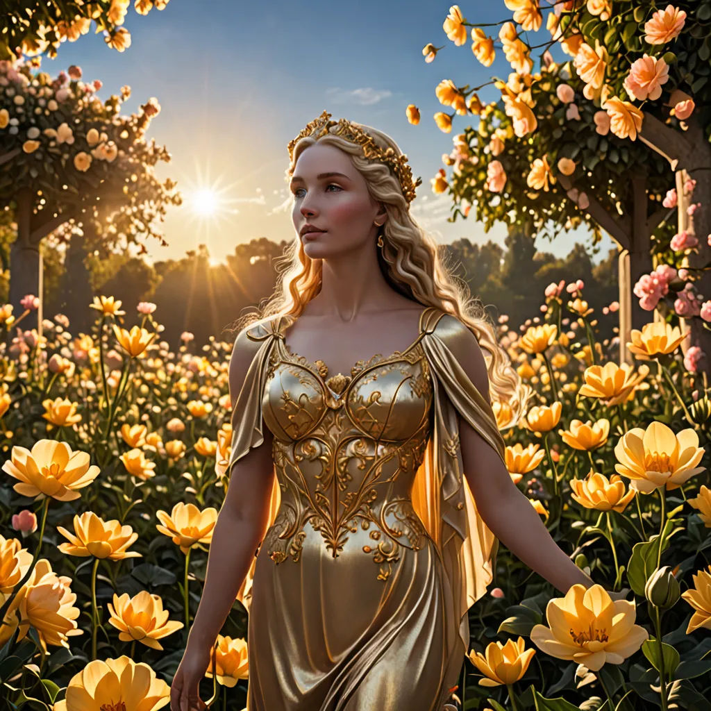 a woman in a golden dress standing in a field of flowers with a sun shining behind her and a tree in the background, fantasy art, a detailed matte painting, Dorothy Coke, promotional image