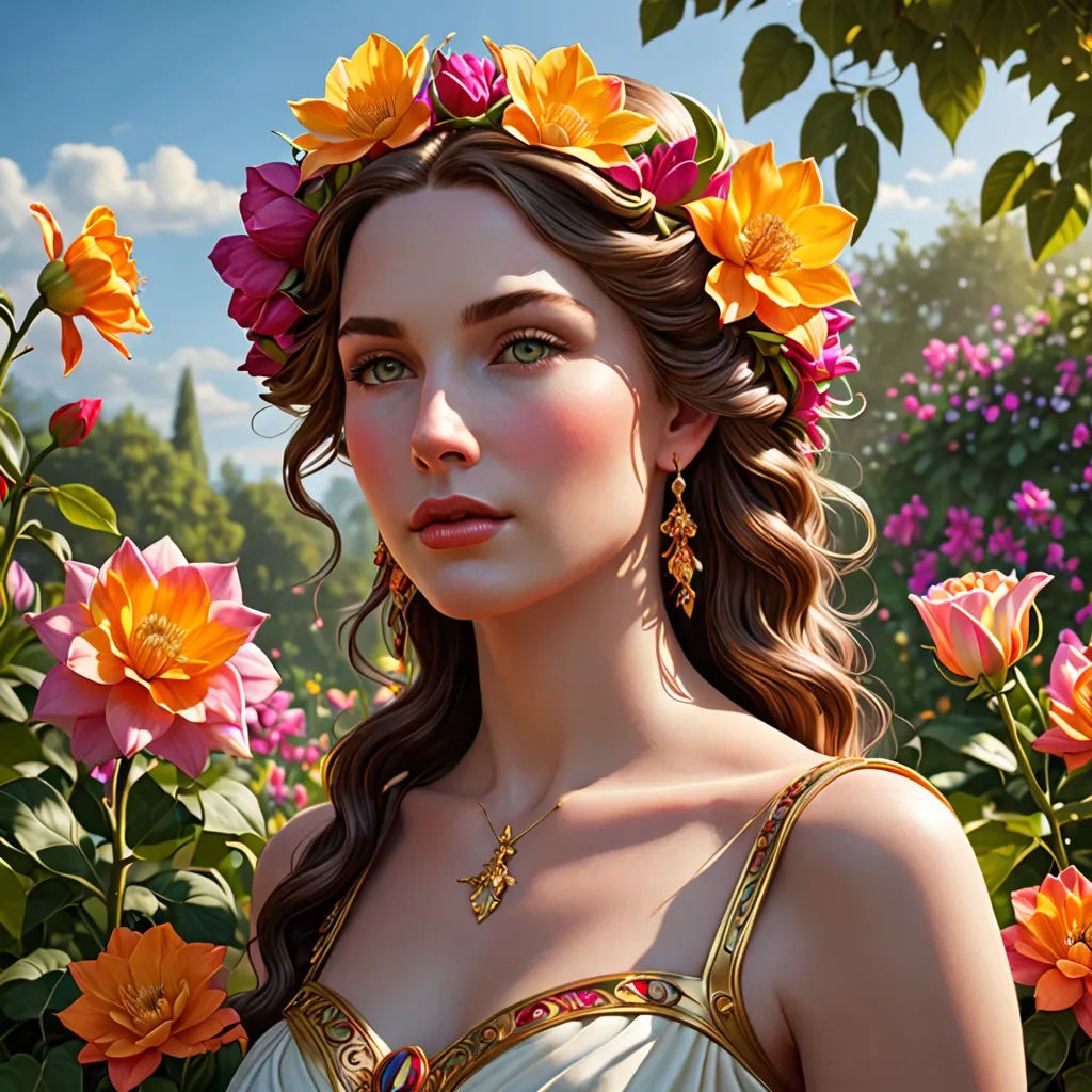 a painting of a woman with flowers in her hair and a wreath of flowers in her hair, standing in a field of flowers, fantasy art, a detailed painting, Anne Stokes, highly detailed digital painting