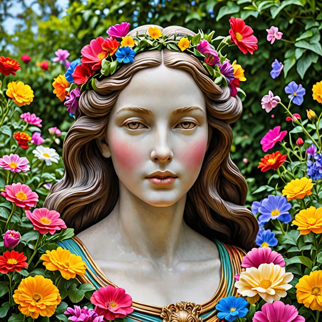 a statue of a woman surrounded by flowers and plants in a garden of flowers and plants, with a blue sky in the background, gothic art, a statue, Evelyn De Morgan, sculpture