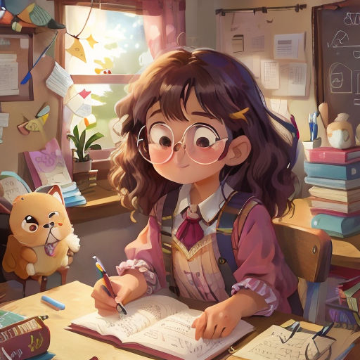 a girl is writing in a book while a cat sits nearby on the desk behind her and a teddy bear is on the desk