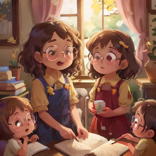 a group of children standing around a book in a room with a window and a window sill on the wall