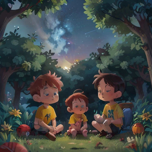 two children sitting in the grass under a tree with a sky background and stars above them, with a small boy sitting on the ground