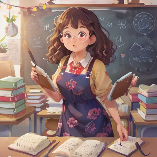 a girl in a dress is holding a book and a knife in front of a desk with books on it
