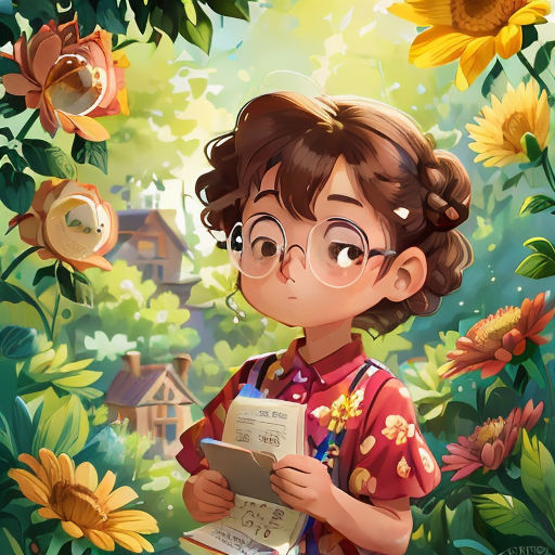 a young girl is reading a book in the woods with sunflowers and a house in the background