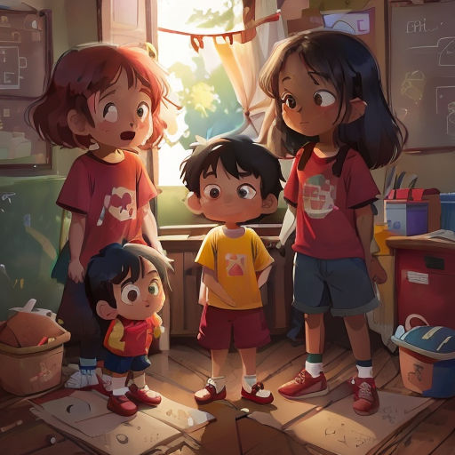 a group of children standing in a room next to a window with a cat on the floor and a dog on the floor
