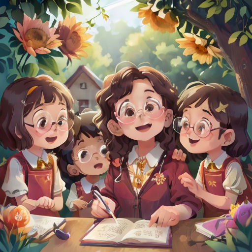 a group of children sitting at a table with an open book in front of them and a sunflower