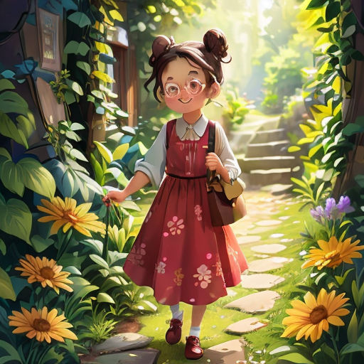 a girl in a red dress is walking through a garden with sunflowers and a path leading to a door