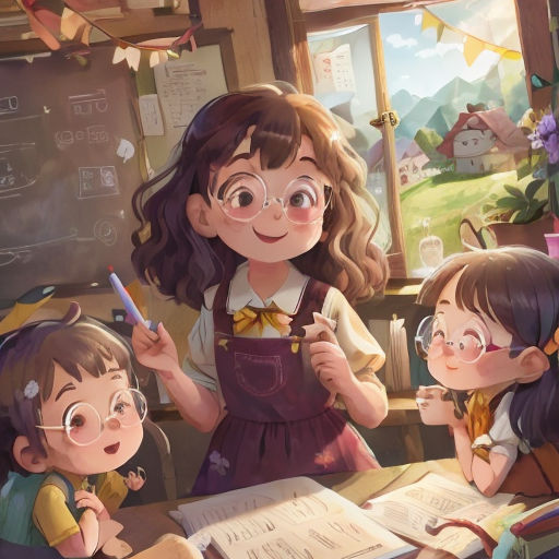 a group of children sitting at a table with books and pencils in front of them, with a teacher in the background