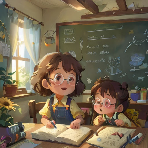 two children sitting at a table with books and pencils in front of them, with a chalkboard in the background