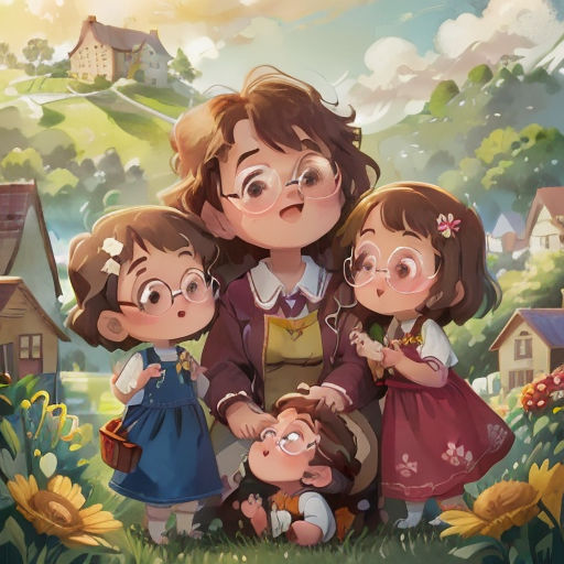 a woman and two children standing in a field with a house in the background and a sunflower in the foreground