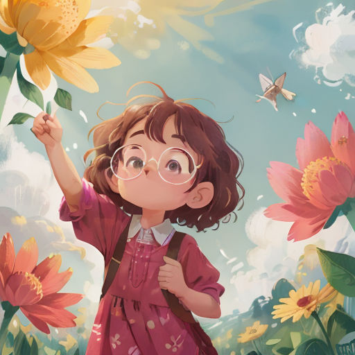 a little girl holding a flower in her hand and a butterfly flying above her head in the sky above her