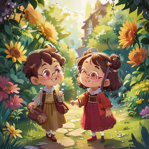 two little girls standing in a forest with sunflowers and a house in the background, one holding a string