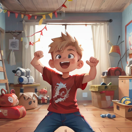 a boy is standing in a room with toys and a ladder in the background and a window with curtains