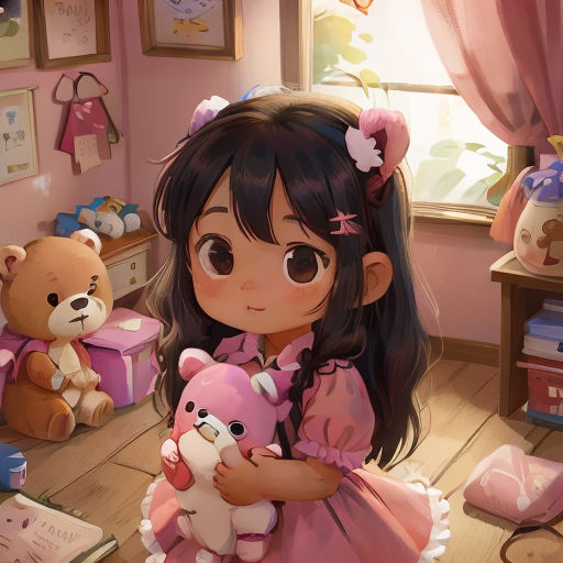 a little girl holding a teddy bear in a room with other toys and a teddy bear on the floor
