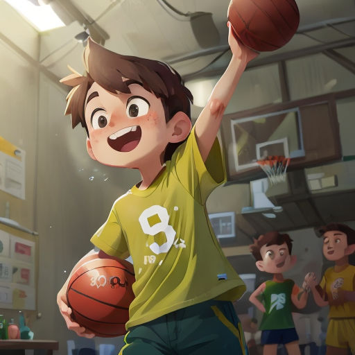 a boy holding a basketball in a gym with other boys watching him play basketball on the court in the background