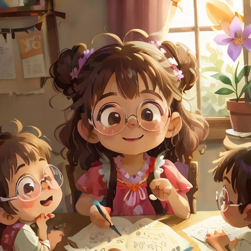 a group of children sitting at a table with a book and pen in front of them and a potted plant