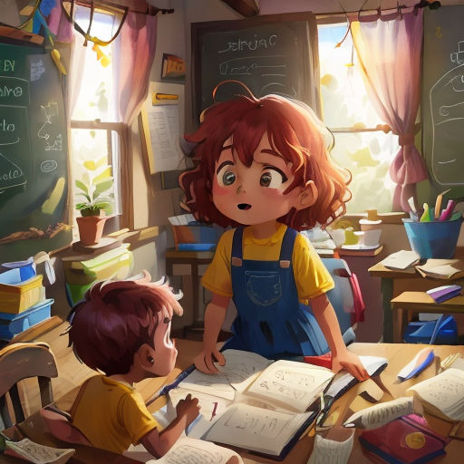 a girl and a boy are in a classroom with books and a blackboard with a chalkboard on it